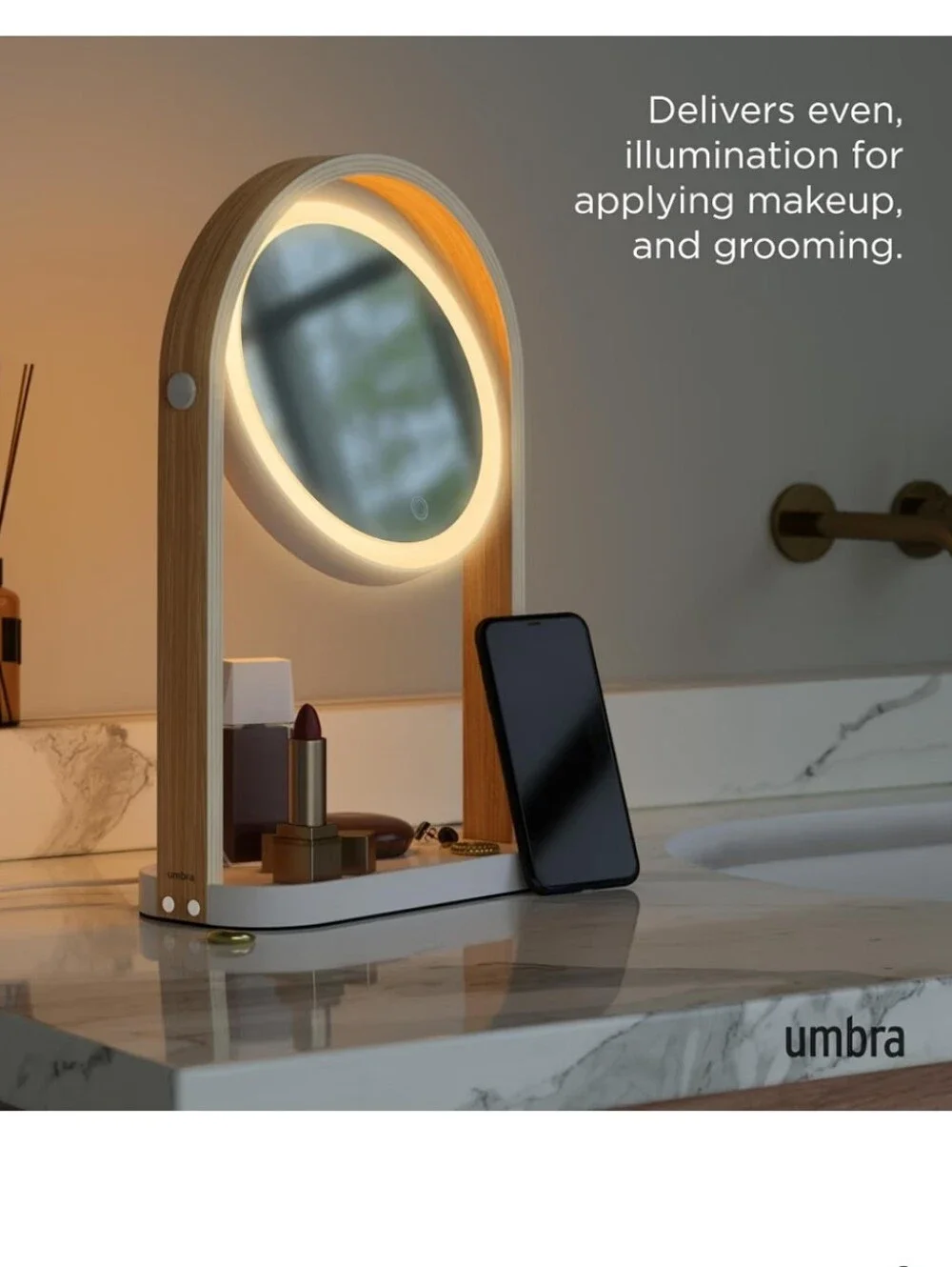 Umbra LED Vanity Mirror in Natural Wood and White with Warm Light